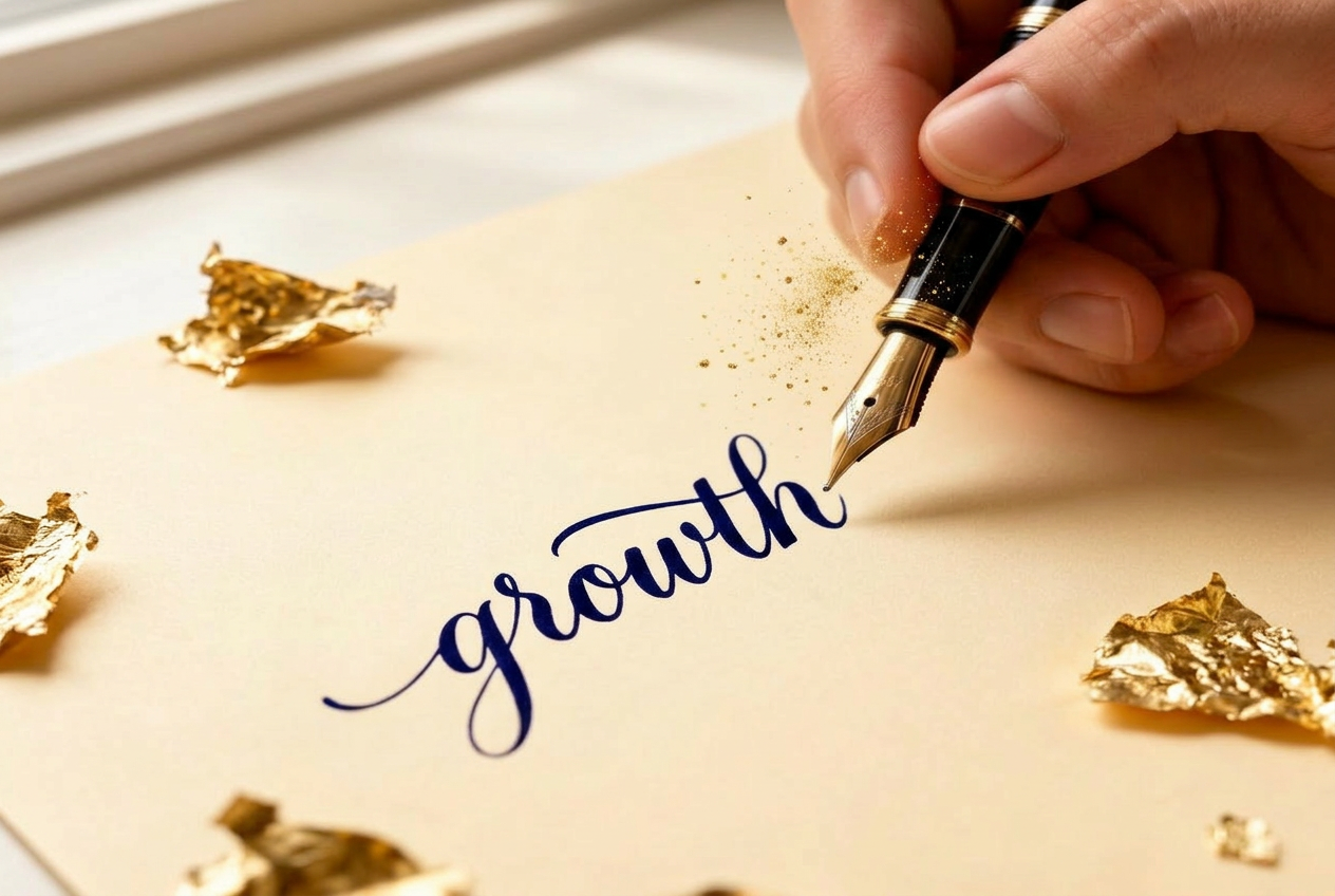 Hand writing flowing cursive calligraphy in navy ink with a gold fountain pen